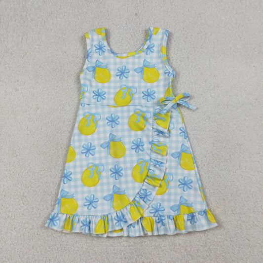 GSD3684 Yoga Lemon Bows Blue Checkered Sleeveless Skorts Girls Dress