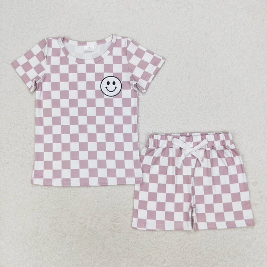 BSSO0975 smile purple checkered short sleeve shorts boys set