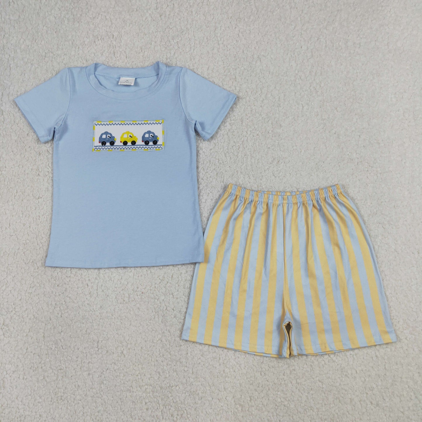 Embroidery BSSO0617 Little car blue short sleeve yellow striped shorts boys set