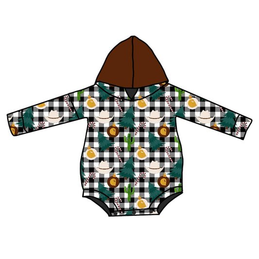 custom Western Christmas hat tree cane candy black checkered long sleeve hoodie girls romper