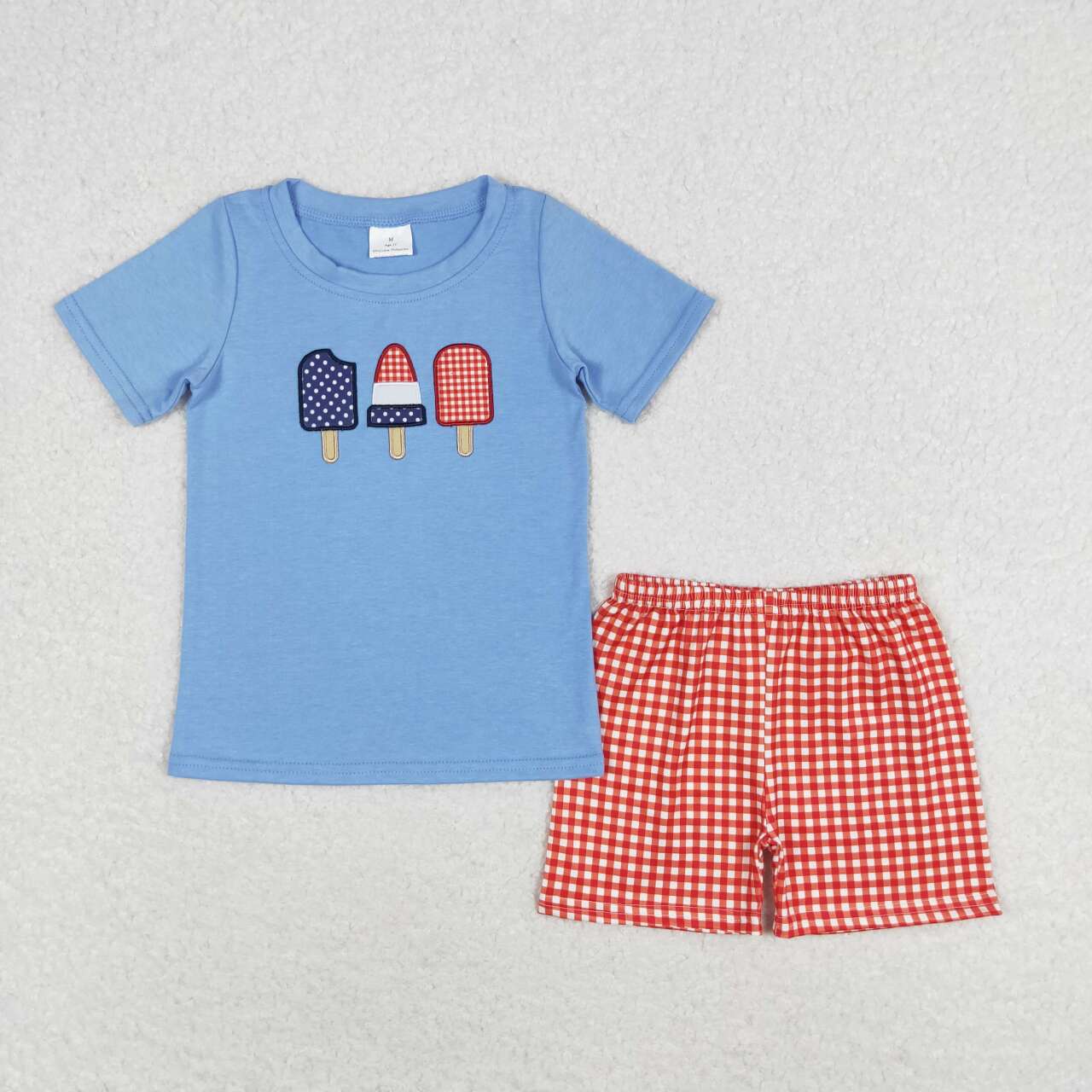 BSSO0744 embroidery July 4th ice blue short sleeve red checkered shorts boys set