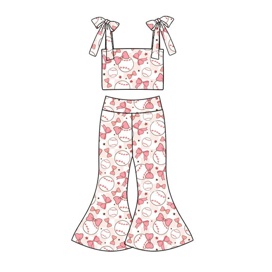 custom (moq 5)Baby Girls Baseball Pink Bows Straps Top Bell Pants Clothes Sets