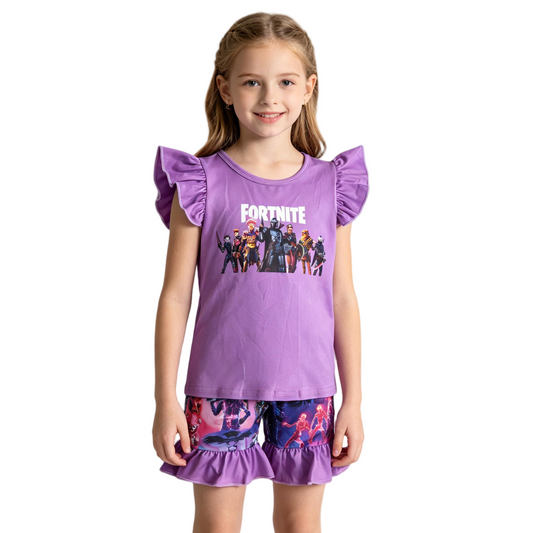D11-28 Summer Girls Flutter Purple Sleeve Cartoon Kids Outfits