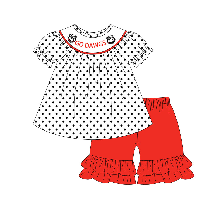 Cutom Moq 3 Football Team Go Dawgs Dot Short Sleeve Red Shorts Girls Set