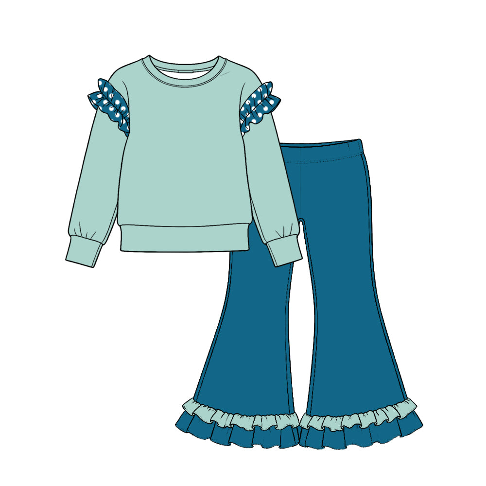 preorder Cotton Ruffles Green Long Sleeve Blue Pants Girls Set