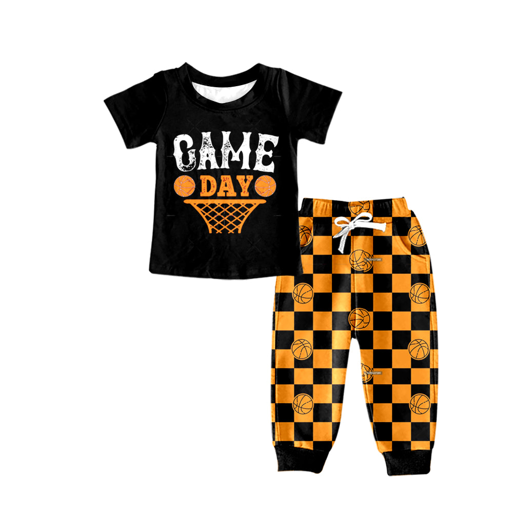 custom 11.11 Game day baseball black short sleeve orange checkered pants boys set