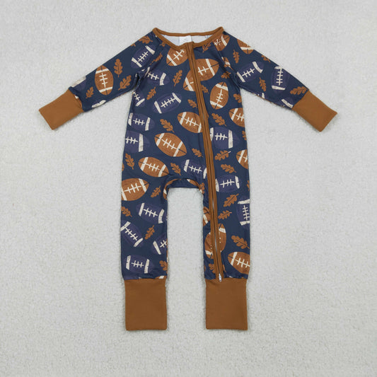LR2543 football leaf navy blue zipper long sleeve boys romper