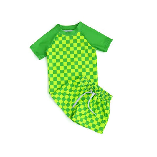 custom style green checkered short sleeve 2pcs boys swimsuits