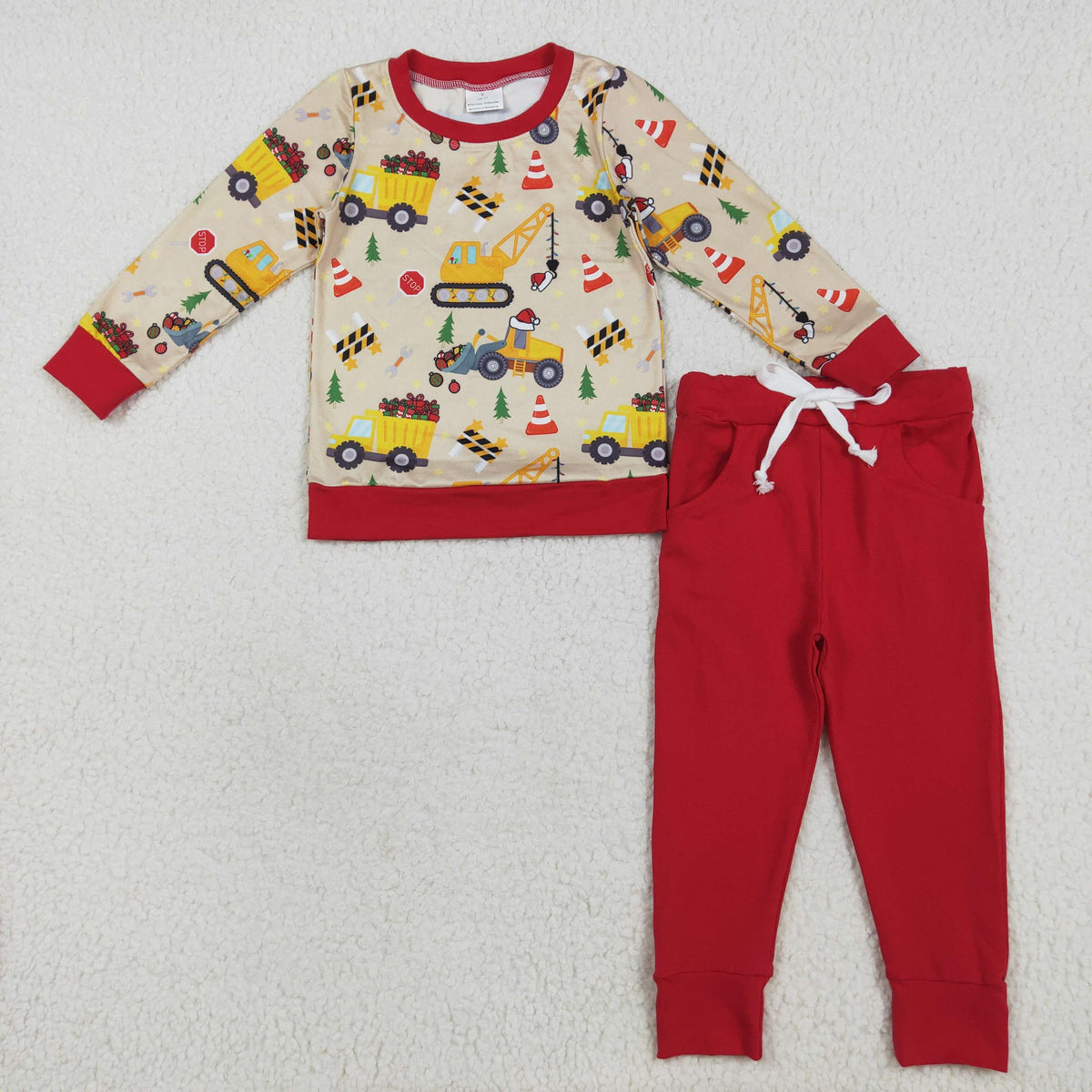 BLP1073 Christmas construction truck long sleeve red pants boys set