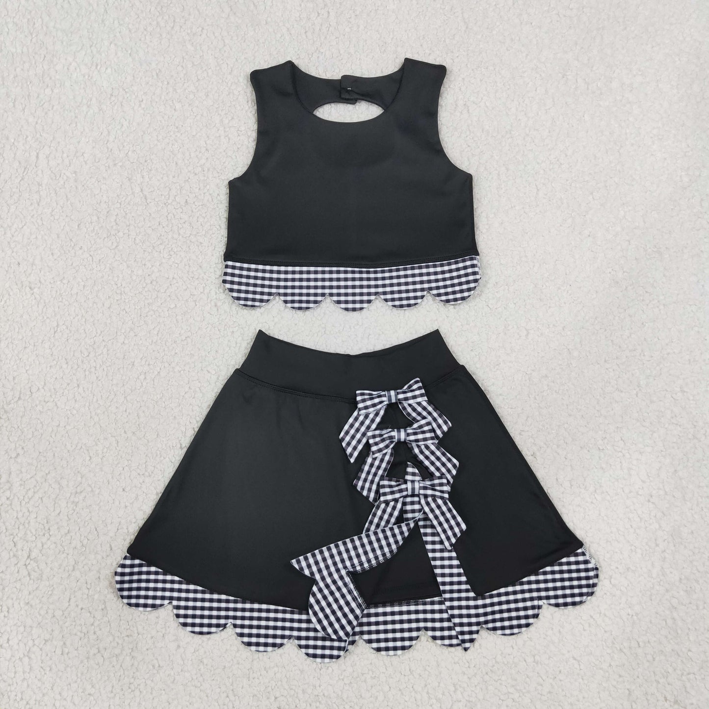 GSD4176 Yoga Scallop Black Sleeveless Bows Skorts Girls Set