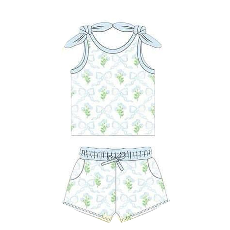 preorder blue flowers bows Summer sleeveless shorts girls set