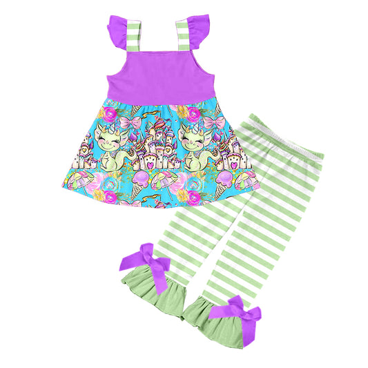 custom S 8.19 Dinosaur cartoon flutter sleeve green striped pants girls set