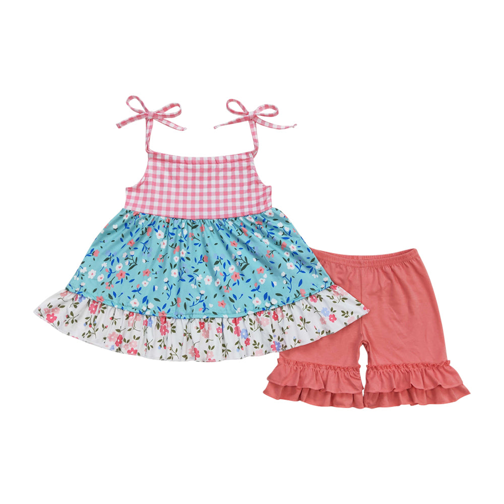 GSSO0837 flowers green lace-up red shorts girls trendy set