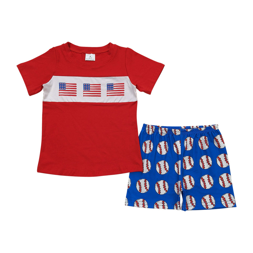 BSSO0674 July 4th flag red short sleeve baseball blue shorts boys set