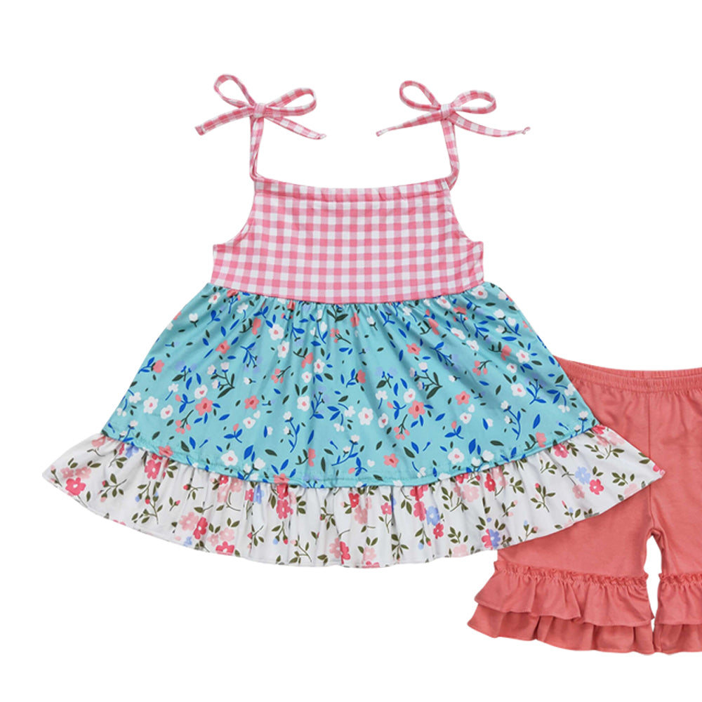 GSSO0837 flowers green lace-up red shorts girls trendy set