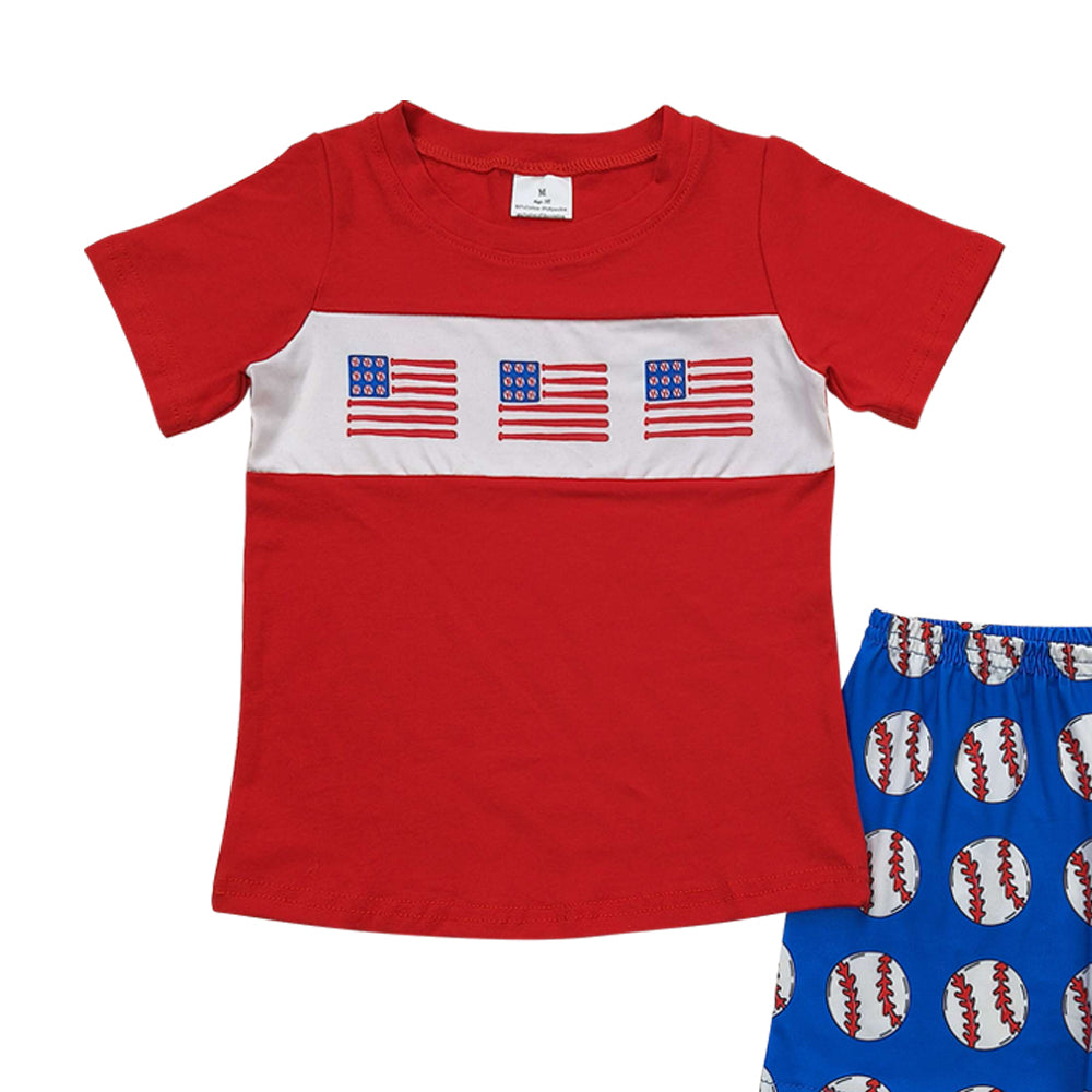 BSSO0674 July 4th flag red short sleeve baseball blue shorts boys set