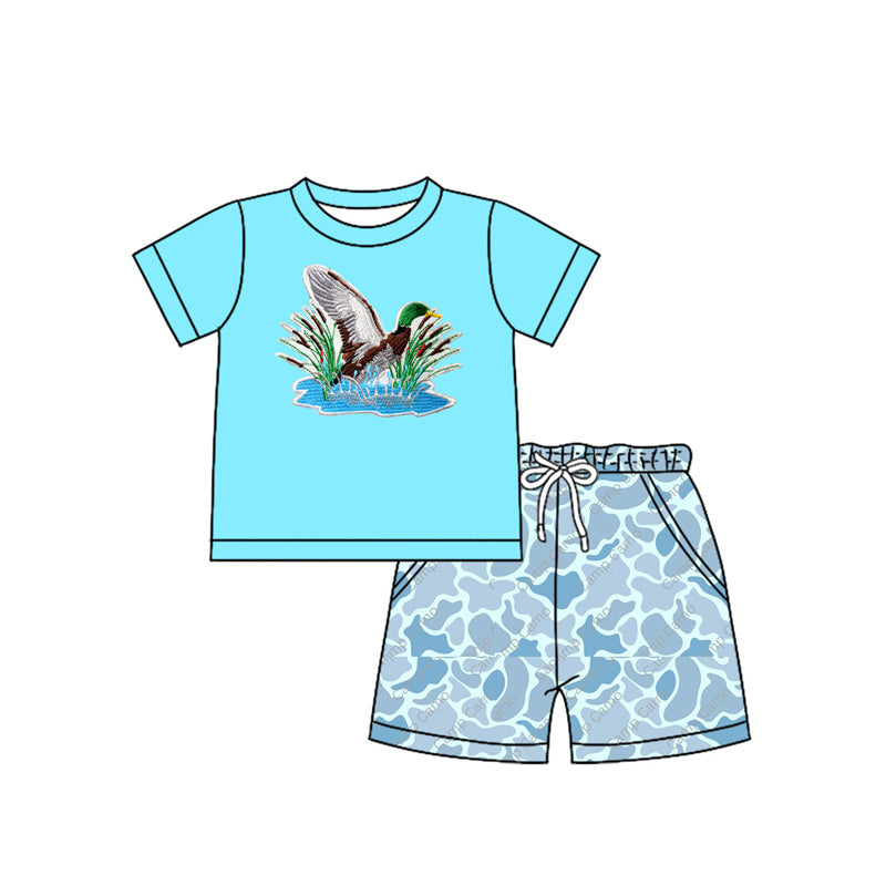 MOQ 3 Custom Hunting Mallard Duck Sky Blue Short Sleeve Grey Camo Shorts Boys Set