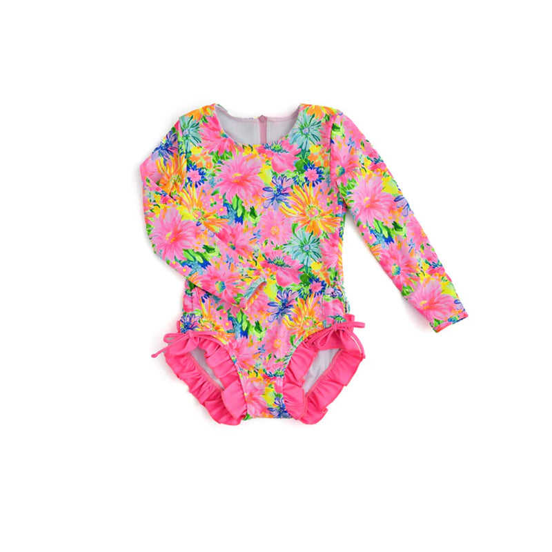 custom style colorful flowers hot pink girls long sleeve bathing swimsuits