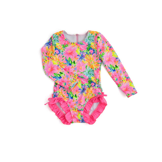 custom style colorful flowers hot pink girls long sleeve bathing swimsuits