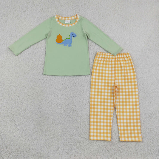 Embroidery BLP1515 Pumpkin Dinosaur Long Sleeve Orange Pants Boys Set