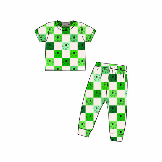 Custom Cartoon Green Smike Checkered Short Sleeve Pants Boys Set