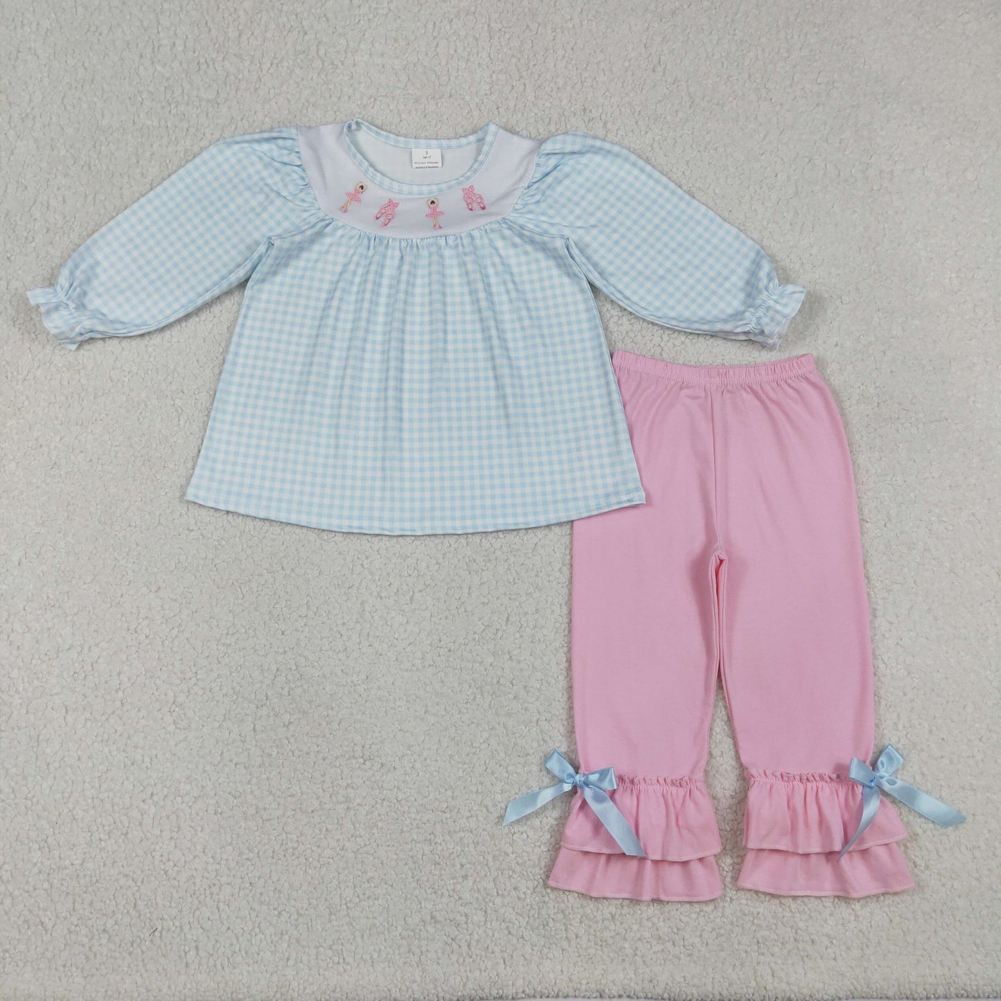 Embroidery GLP2925 dance girl shoe blue checkered long sleeve pink pants girls set