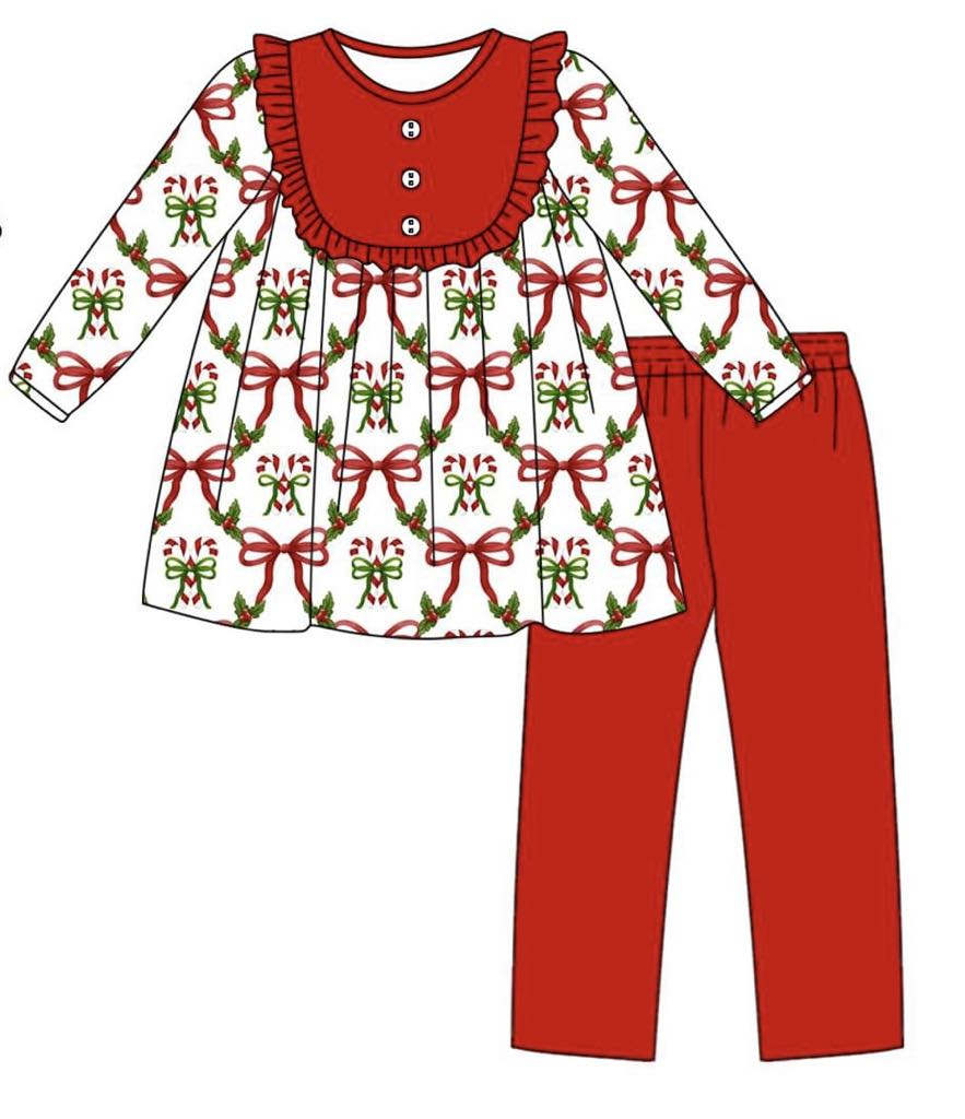 preorder GLP2156 Christmas bows holly berry long sleeve red pants girls set