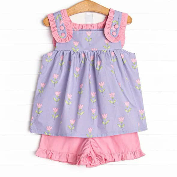 preorder pink flowers purpke sleeveless pink shorts girls set