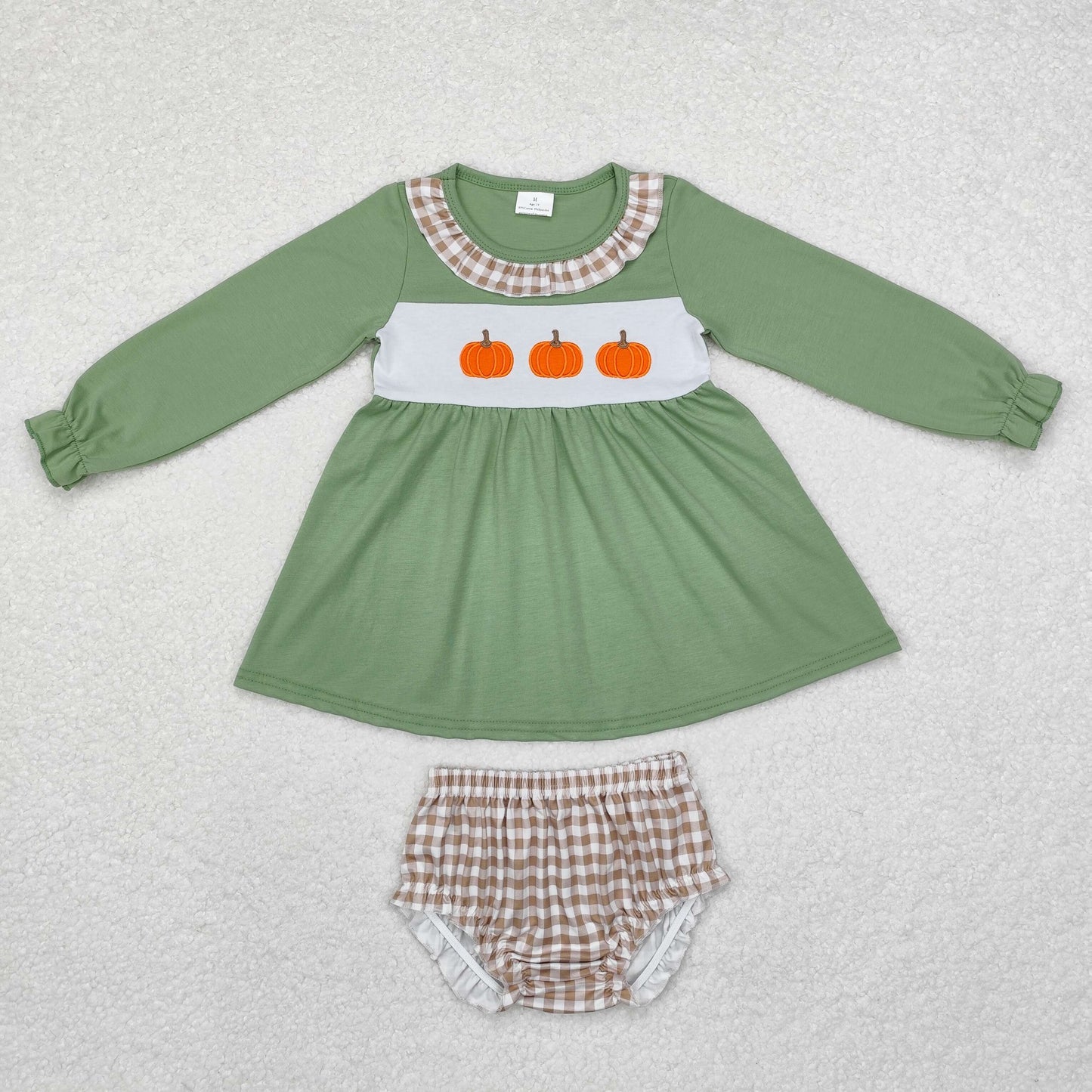 embroidery GBO0434 Autumn pumpkin green long sleeve khaki checkered girls bummies set