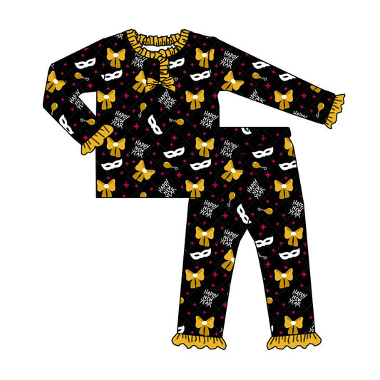 Custom moq 20 bamboo happy new year balloon mask bows black long sleeve pants girls pajamas