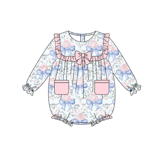 custom moq 5 blue bows flowers pockets pink long sleeve girls romper