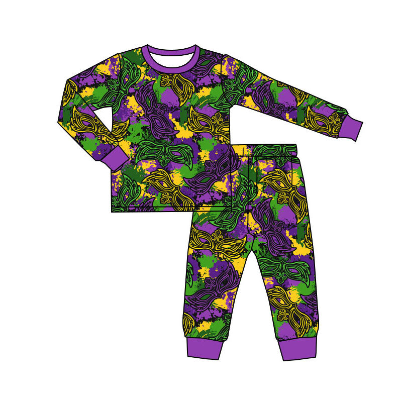 custom moq 5 Mardi Gras mask camo purple long sleeve girls girls pajamas