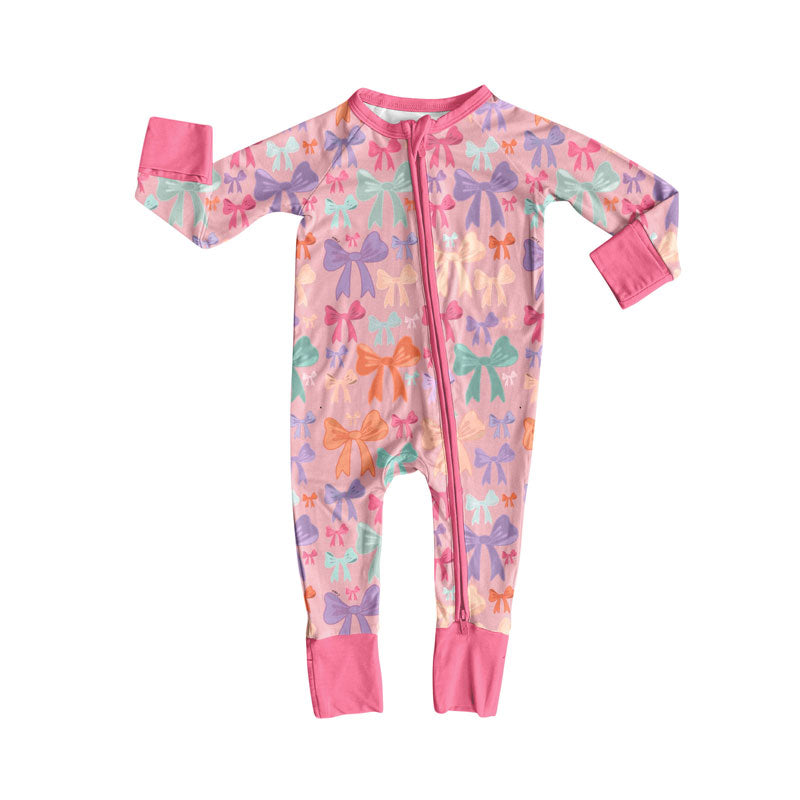 custom moq 5 colorful bows pink zipper long sleeve girls romper