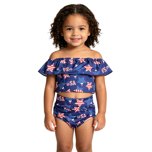 D10-5 4th Of July USA Star Baby Girls Bummies Set