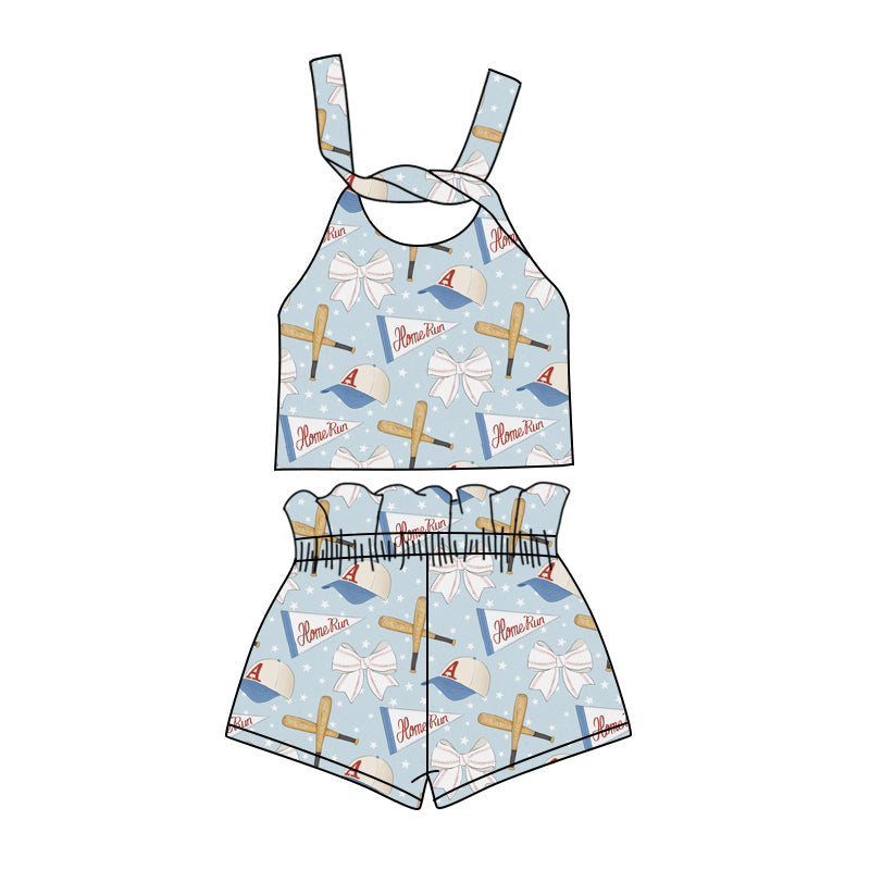 custom (moq 5)Baby Girls Baseball Blue Bows Straps Top Shorts Clothes Sets