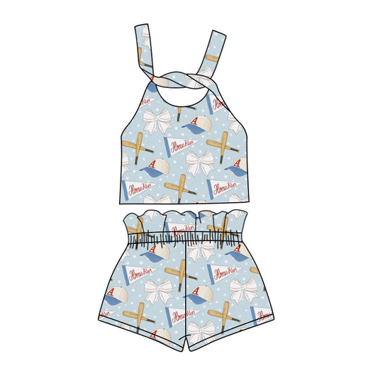 custom (moq 5)Baby Girls Baseball Blue Bows Straps Top Shorts Clothes Sets