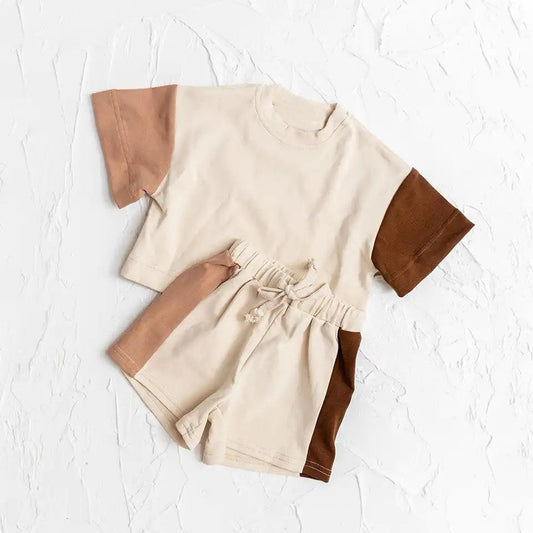 custom moq 3 khaki stitch short sleeve shorts kids set