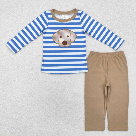 embroidery BLP0478 cute dog blue striped long sleeve khaki pants boys set