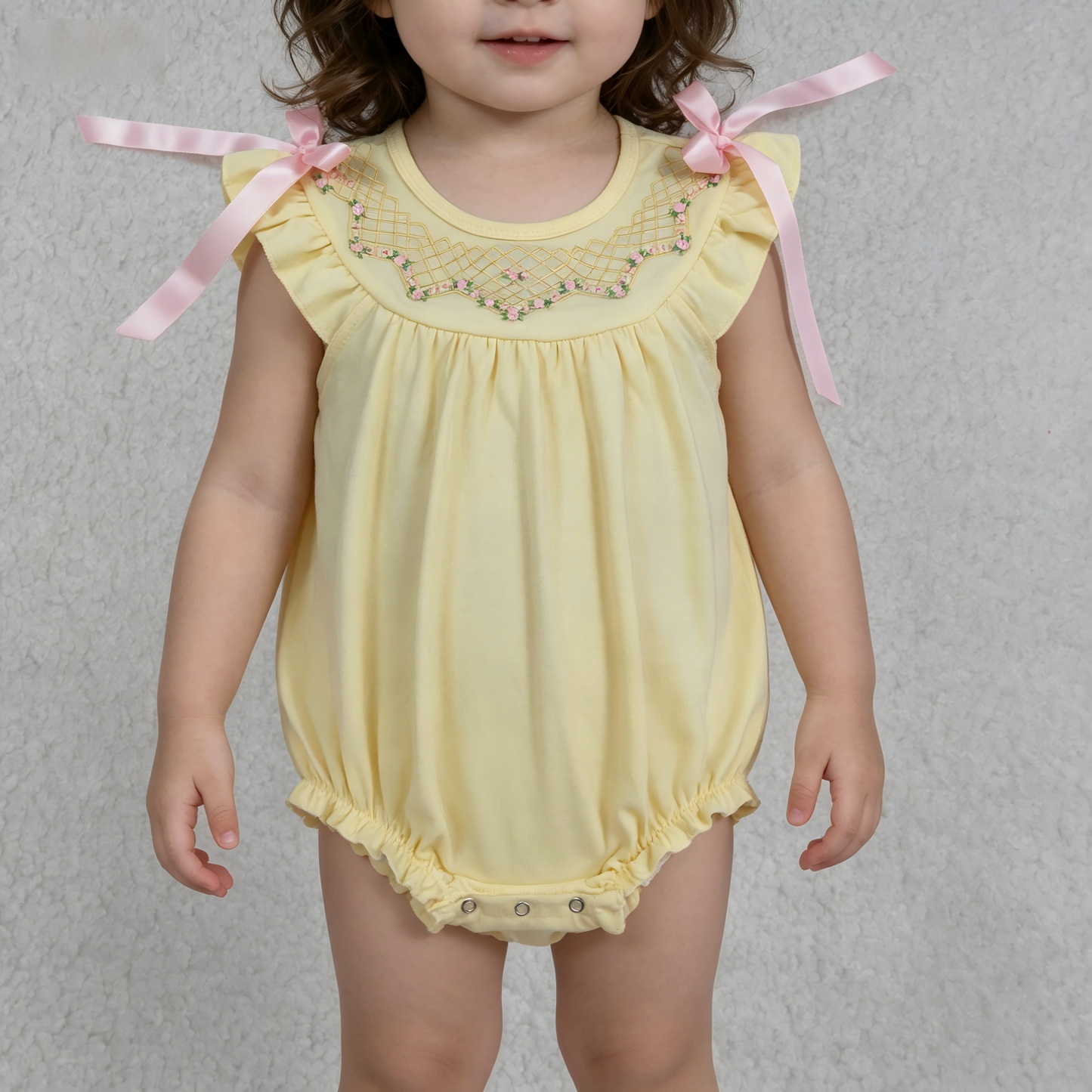 SR3561 Embroidery Yellow Flutter Sleeve Girls Romper