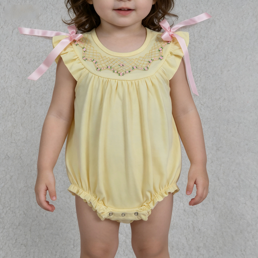 SR3561 Embroidery Yellow Flutter Sleeve Girls Romper