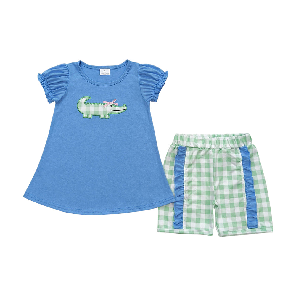 GSSO0850 embroidery crocodile blue short sleeve green checkered shorts girls set