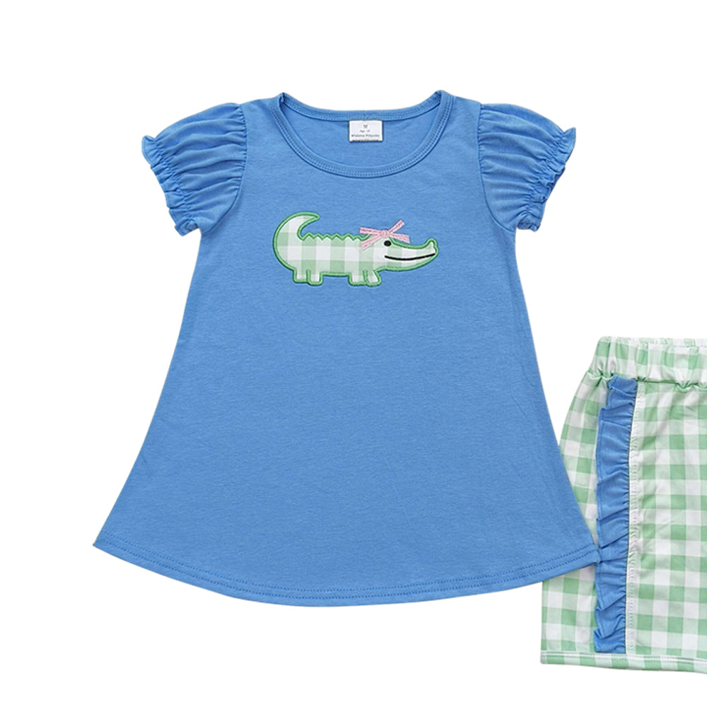 GSSO0850 embroidery crocodile blue short sleeve green checkered shorts girls set