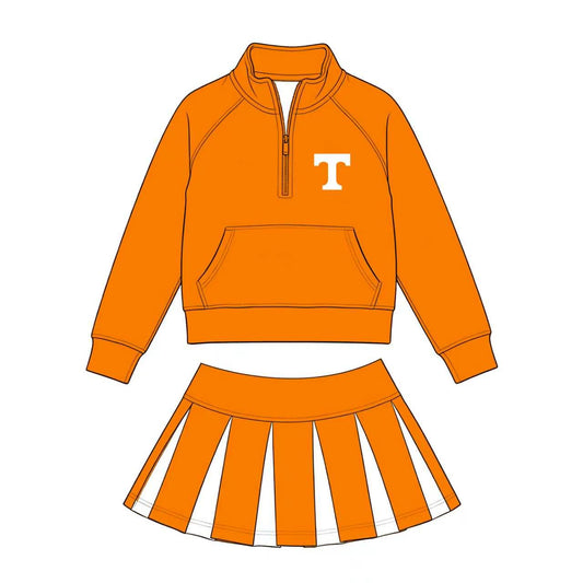 Custom Moq 3 Orange Zipper Long Sleeve Skorts Girls Set