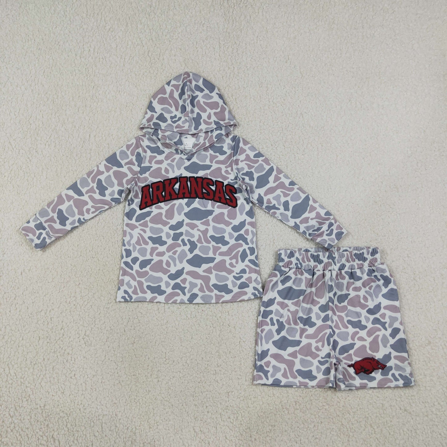 BLS0046 ARKANSAS Team Camo Hoodie Long Sleeve Shorts Boys Set
