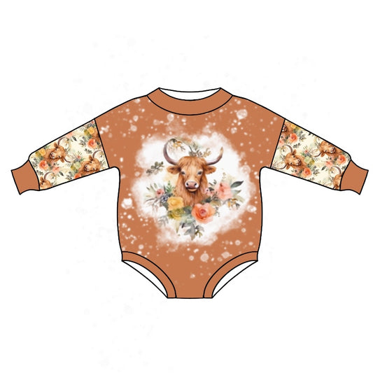 preorder LR0705 Highland cow flowers brown girls romper