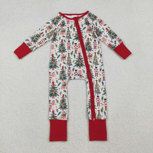 LR2507 Christmas soldier tree gift long sleeve zipper girls romper
