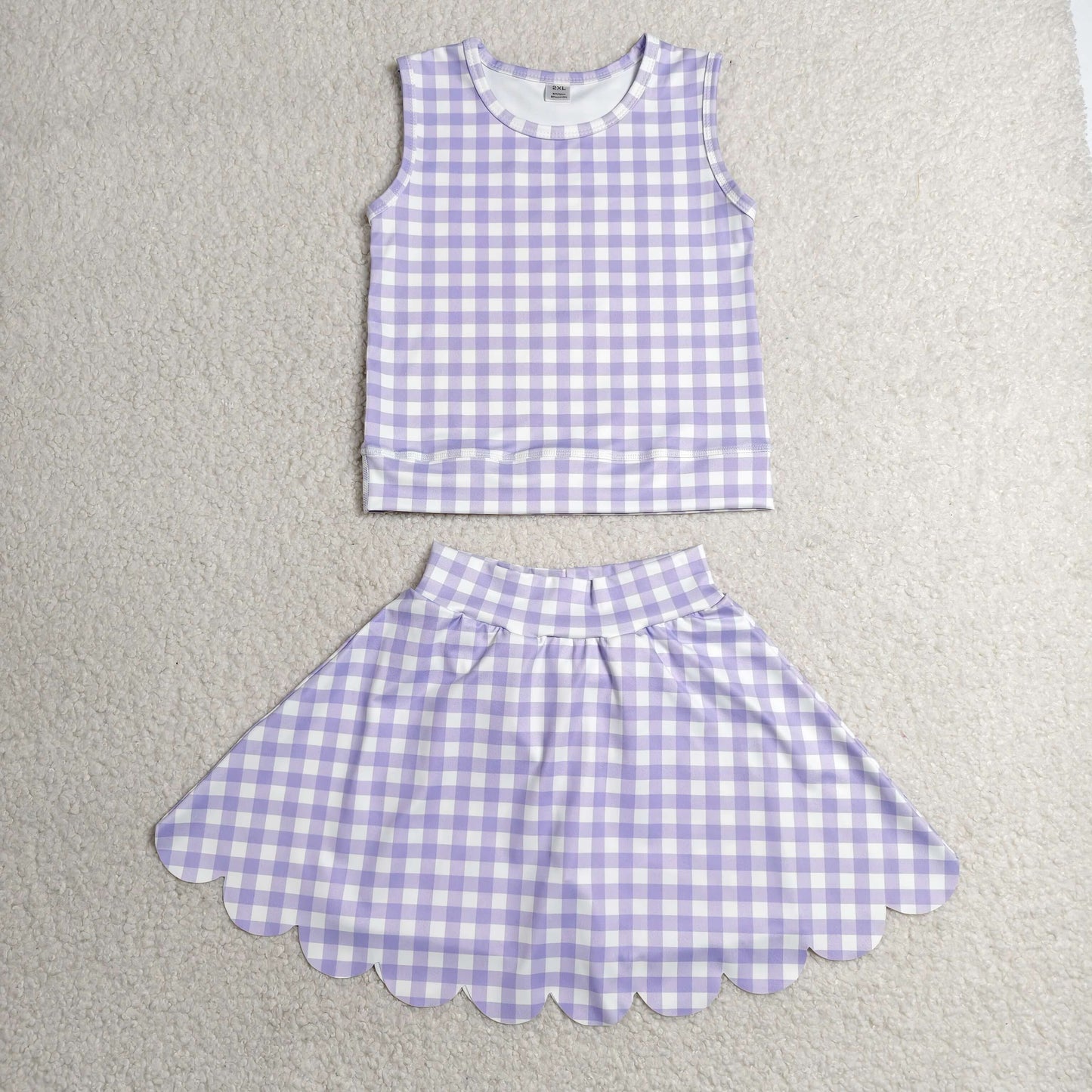 GSD4067 Yoga Scallop Purple Checkered Sleeveless Skorts Girls Set