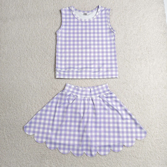 GSD4067 Yoga Scallop Purple Checkered Sleeveless Skorts Girls Set