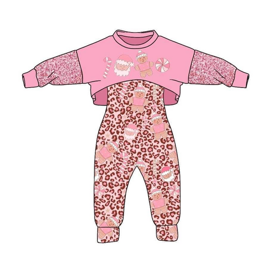 custom S 8.4 Christmas Santa Claus pink long sleeve leopard jumpsuits girls set