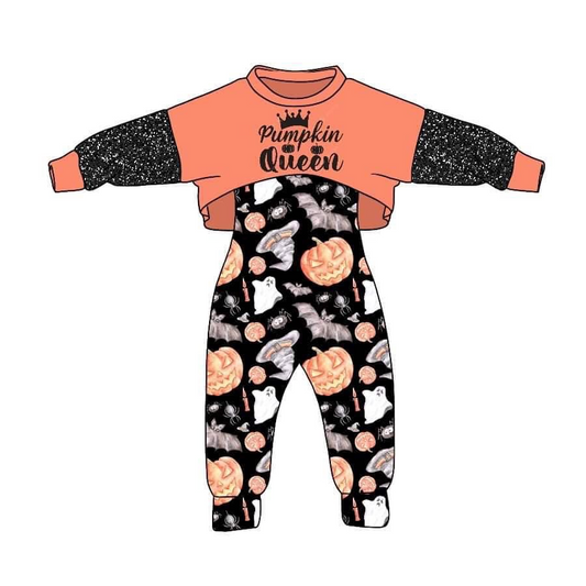 custom S 8.4 Halloween pimpkin long sleeve spooky jumpsuits girls set